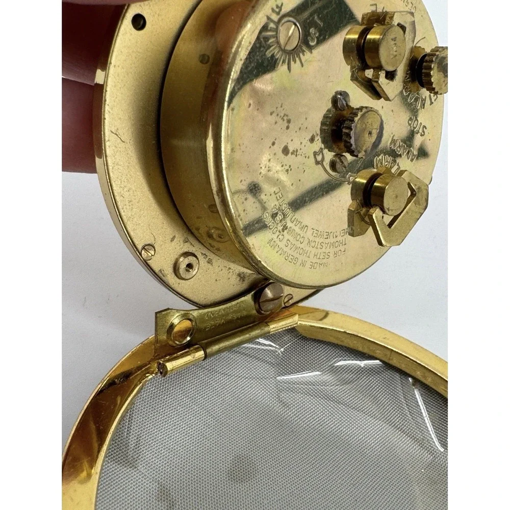 Vintage German Seth Thomas Travel Clock Gold Black Small Works!!
